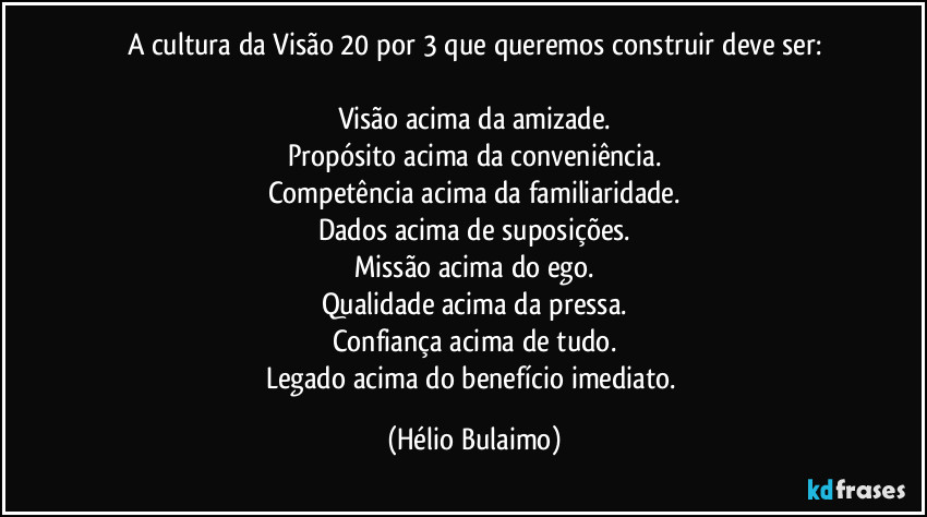 A cultura da Visão 20 por 3 que queremos construir deve ser:

Visão acima da amizade.
Propósito acima da conveniência.
Competência acima da familiaridade.
Dados acima de suposições.
Missão acima do ego.
Qualidade acima da pressa.
Confiança acima de tudo.
Legado acima do benefício imediato. (Hélio Bulaimo)