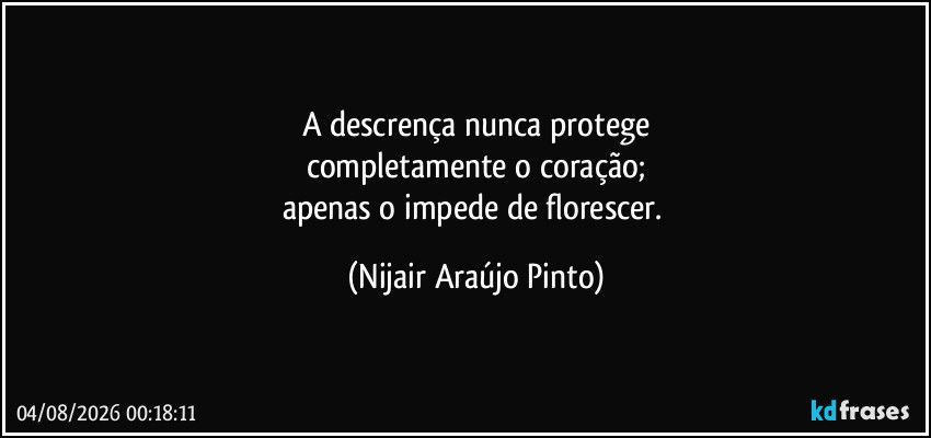 A descrença nunca protege
completamente o coração;
apenas o impede de florescer. (Nijair Araújo Pinto)