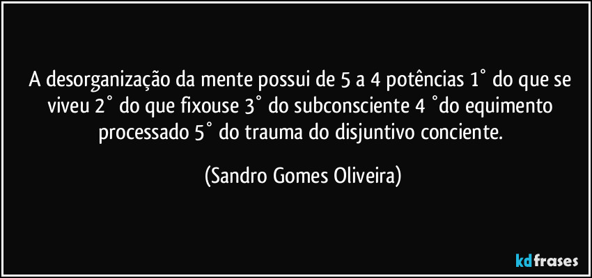 A desorganização da mente possui de 5 a 4 potências 1° do que se viveu 2° do que fixouse 3° do subconsciente 4 °do equimento processado 5° do trauma do disjuntivo conciente. (Sandro Gomes Oliveira)