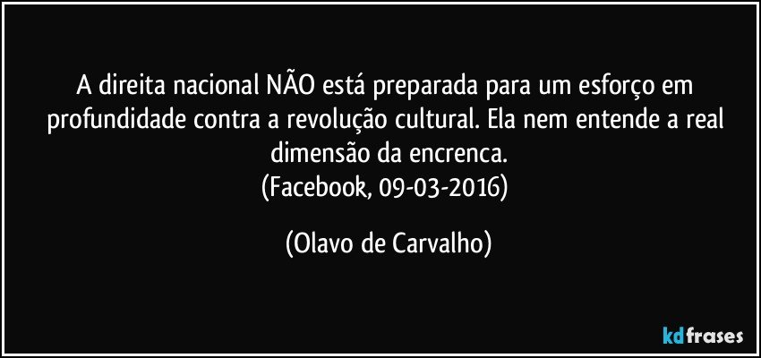 A direita nacional NÃO está preparada para um esforço em profundidade contra a revolução cultural. Ela nem entende a real dimensão da encrenca.
(Facebook, 09-03-2016) (Olavo de Carvalho)