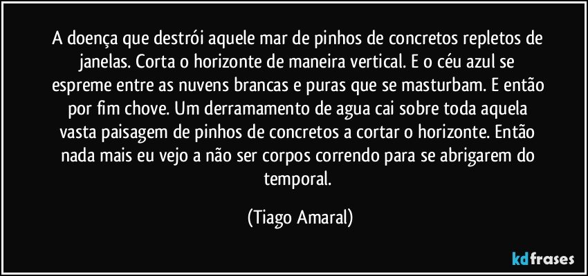 A doença que destrói aquele mar de pinhos de concretos repletos de janelas. Corta o horizonte de maneira vertical. E o céu azul se espreme entre as nuvens brancas e puras que se masturbam. E então por fim chove. Um derramamento de agua cai sobre toda aquela vasta paisagem de pinhos de concretos a cortar o horizonte. Então nada mais eu vejo a não ser corpos correndo para se abrigarem do temporal. (Tiago Amaral)