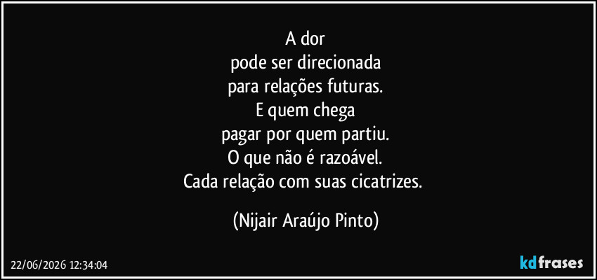 A dor
pode ser direcionada
para relações futuras.
E quem chega
pagar por quem partiu.
O que não é razoável.
Cada relação com suas cicatrizes. (Nijair Araújo Pinto)