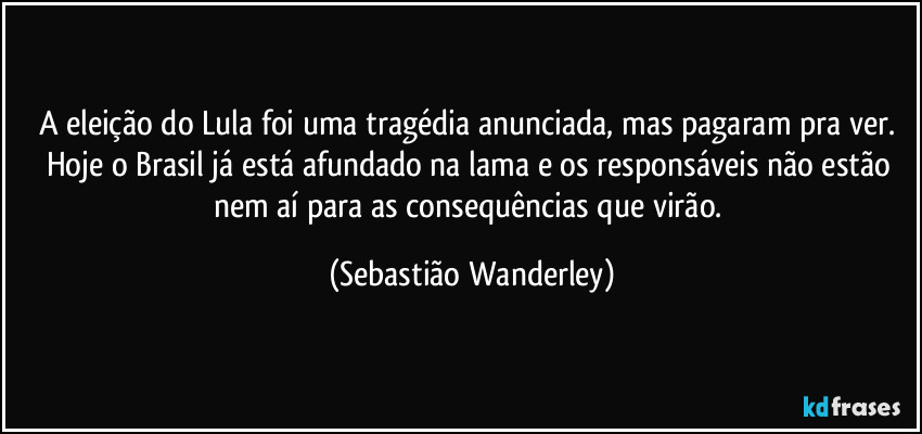 A eleição do Lula foi uma tragédia anunciada, mas pagaram pra ver. Hoje o Brasil já está afundado na lama e os responsáveis não estão nem aí para as consequências que virão. (Sebastião Wanderley)