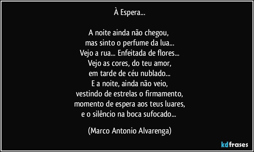 À Espera...

A noite ainda não chegou, 
mas sinto  o perfume da lua...
Vejo a rua... Enfeitada de flores...
Vejo as cores, do teu amor,
em tarde de céu nublado...
E a noite, ainda não veio,
vestindo de estrelas o firmamento,
momento de espera aos teus luares,
e o silêncio na boca sufocado... (Marco Antonio Alvarenga)