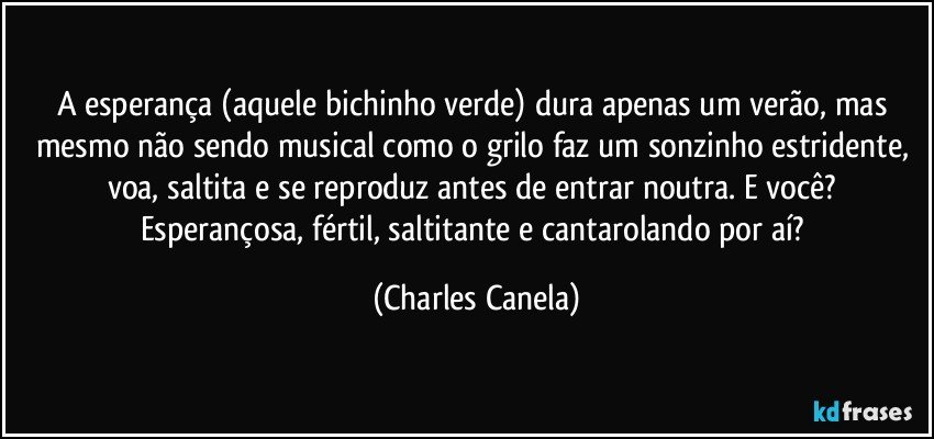 A esperança (aquele bichinho verde) dura apenas um verão, mas mesmo não sendo musical como o grilo faz um sonzinho estridente, voa, saltita e se reproduz antes de entrar noutra. E você? Esperançosa, fértil, saltitante e cantarolando por aí? (Charles Canela)