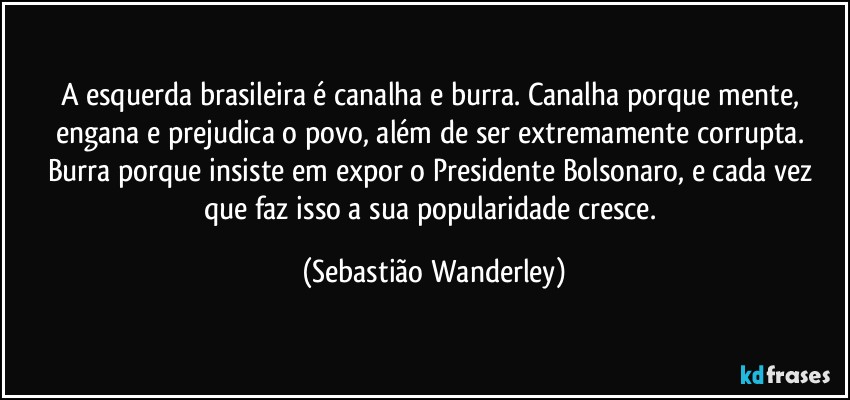 A esquerda brasileira é canalha e burra. Canalha porque mente, engana e prejudica o povo, além de ser extremamente corrupta. Burra porque insiste em expor o Presidente Bolsonaro, e cada vez que faz isso a sua popularidade cresce. (Sebastião Wanderley)
