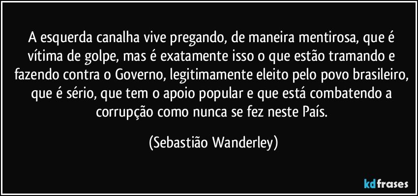 A esquerda canalha vive pregando, de maneira mentirosa, que é vítima de golpe, mas é exatamente isso o que estão tramando e fazendo contra o Governo, legitimamente eleito pelo povo brasileiro, que é sério, que tem o apoio popular e que está combatendo a corrupção como nunca se fez neste País. (Sebastião Wanderley)