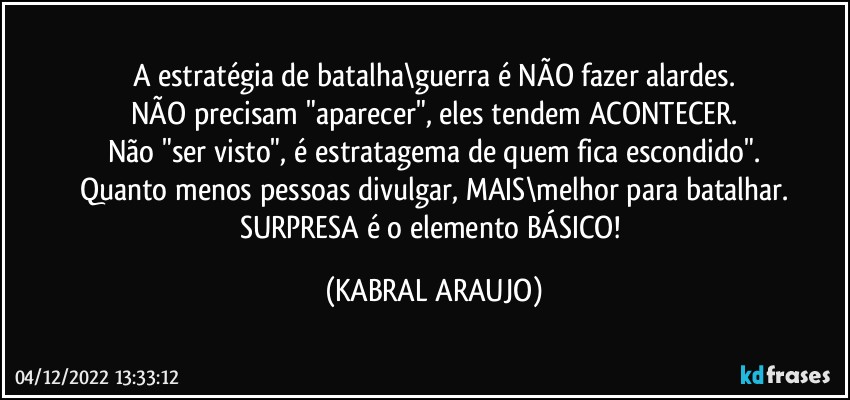 A estratégia de batalha\guerra é NÃO fazer alardes.
NÃO precisam "aparecer", eles tendem ACONTECER.
Não "ser visto", é estratagema de quem fica escondido".
Quanto menos pessoas divulgar, MAIS\melhor para batalhar.
SURPRESA é o elemento BÁSICO! (KABRAL ARAUJO)