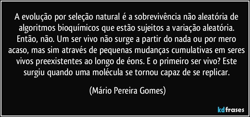 A evolução por seleção natural é a sobrevivência não aleatória de algoritmos bioquímicos que estão sujeitos a variação aleatória. Então, não. Um ser vivo não surge a partir do nada ou por mero acaso, mas sim através de pequenas mudanças cumulativas em seres vivos preexistentes ao longo de éons. E o primeiro ser vivo? Este surgiu quando uma molécula se tornou capaz de se replicar. (Mário Pereira Gomes)