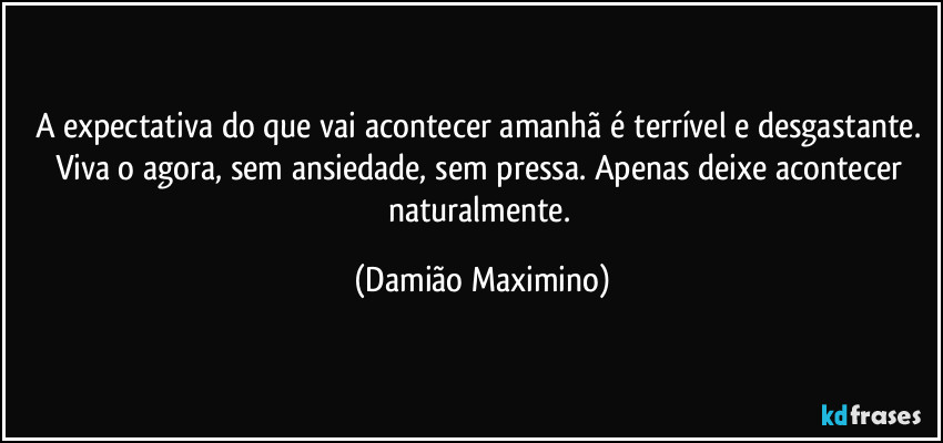 A expectativa do que vai acontecer amanhã é terrível e desgastante. Viva o agora, sem ansiedade, sem pressa. Apenas deixe acontecer naturalmente. (Damião Maximino)