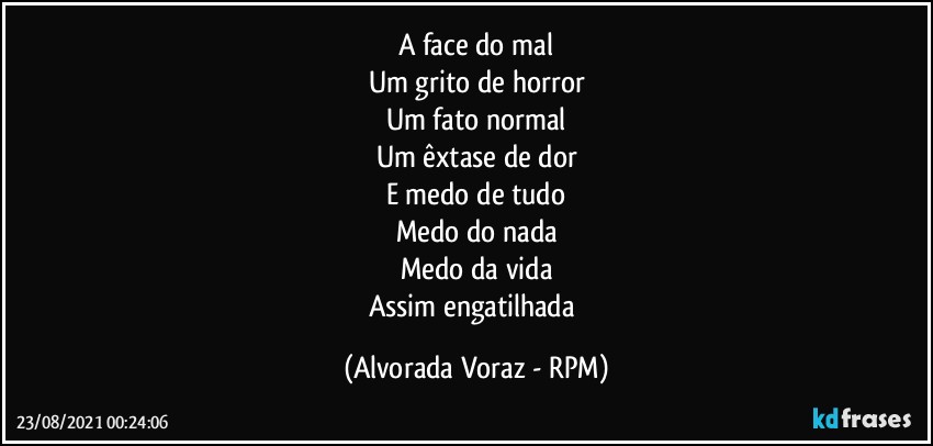 A face do mal
Um grito de horror
Um fato normal
Um êxtase de dor
E medo de tudo
Medo do nada
Medo da vida
Assim engatilhada (Alvorada Voraz - RPM)