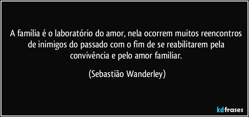 A família é o laboratório do amor, nela ocorrem muitos reencontros de inimigos do passado com o fim de se reabilitarem pela convivência e pelo amor familiar. (Sebastião Wanderley)