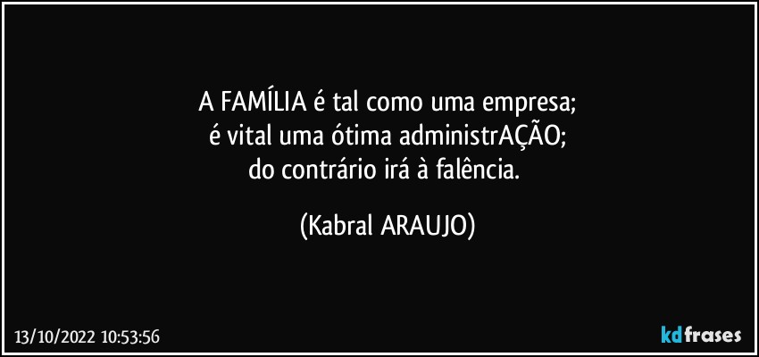 A FAMÍLIA é tal como uma empresa;
é vital uma ótima administrAÇÃO;
do contrário irá à falência. (KABRAL ARAUJO)