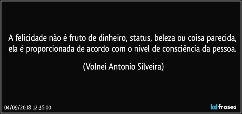 A felicidade não é fruto de dinheiro, status, beleza ou coisa parecida, ela é proporcionada de acordo com o nível de consciência da pessoa. (Volnei Antonio Silveira)