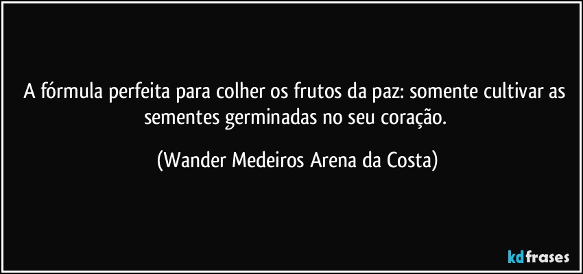 A fórmula perfeita para colher os frutos da paz: somente cultivar as sementes germinadas no seu coração. (Wander Medeiros Arena da Costa)