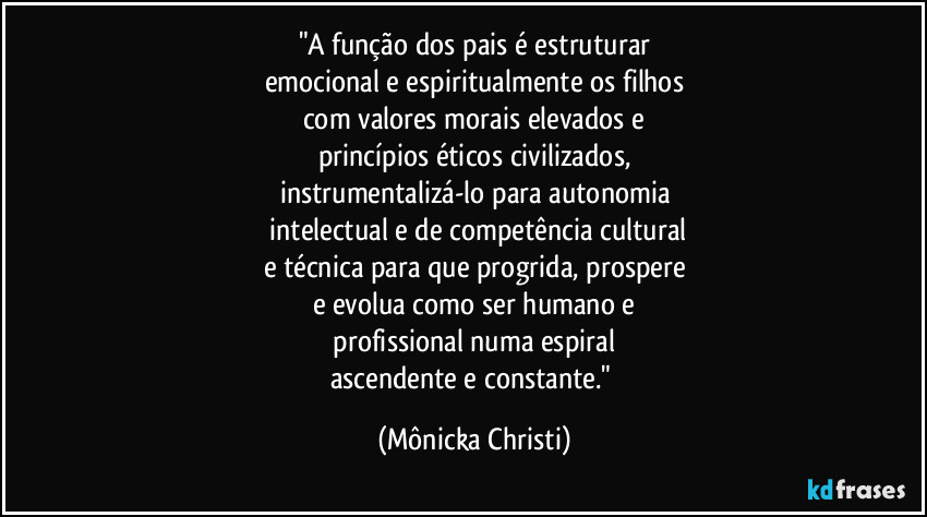 "A função dos pais é estruturar
emocional e espiritualmente os filhos
com valores morais elevados e
princípios éticos civilizados,
instrumentalizá-lo para autonomia
 intelectual e de competência cultural
e técnica para que progrida, prospere
e evolua como ser humano e
 profissional numa espiral 
ascendente e constante." (Mônicka Christi)