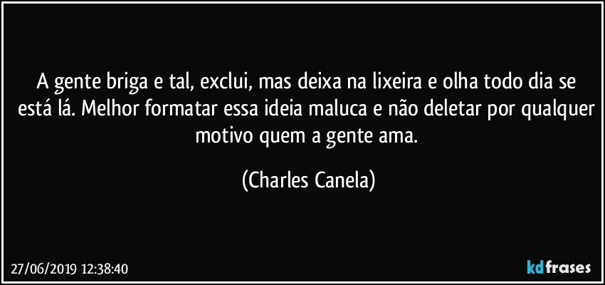 A gente briga e tal, exclui, mas deixa na lixeira e olha todo dia se está lá. Melhor formatar essa ideia maluca e não deletar por qualquer motivo quem a gente ama. (Charles Canela)