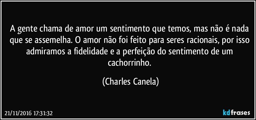 A gente chama de amor um sentimento que temos, mas não é nada que se assemelha. O amor não foi feito para seres racionais, por isso admiramos a fidelidade e a perfeição do sentimento de um cachorrinho. (Charles Canela)