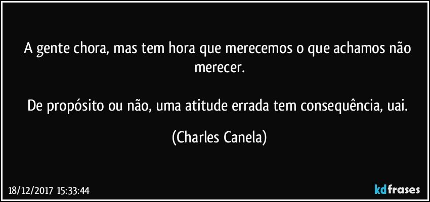 A gente chora, mas tem hora que merecemos o que achamos não merecer.

De propósito ou não, uma atitude errada tem consequência, uai. (Charles Canela)