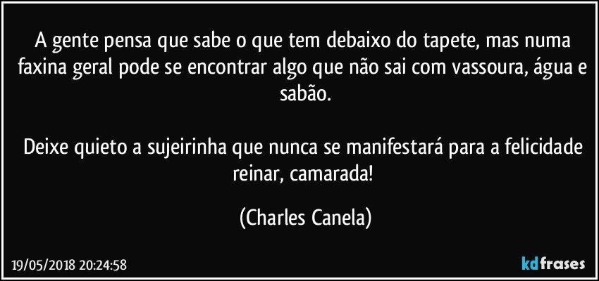 A gente pensa que sabe o que tem debaixo do tapete, mas numa faxina geral pode se encontrar algo que não sai com vassoura, água e sabão.

Deixe quieto a sujeirinha que nunca se manifestará para a felicidade reinar, camarada! (Charles Canela)