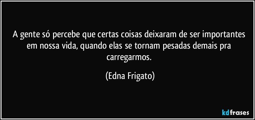 A gente só percebe que certas coisas deixaram de ser importantes em nossa vida, quando elas se tornam pesadas demais pra carregarmos. (Edna Frigato)