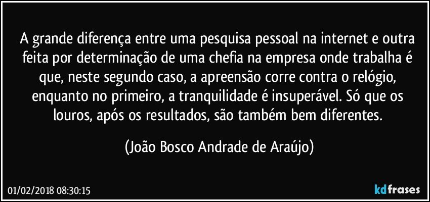 A grande diferença entre uma pesquisa pessoal na internet e  outra feita por determinação de uma chefia na empresa onde trabalha é que, neste segundo caso, a apreensão corre contra o relógio, enquanto no primeiro, a tranquilidade é insuperável. Só que os louros, após os resultados, são também bem diferentes. (João Bosco Andrade de Araújo)