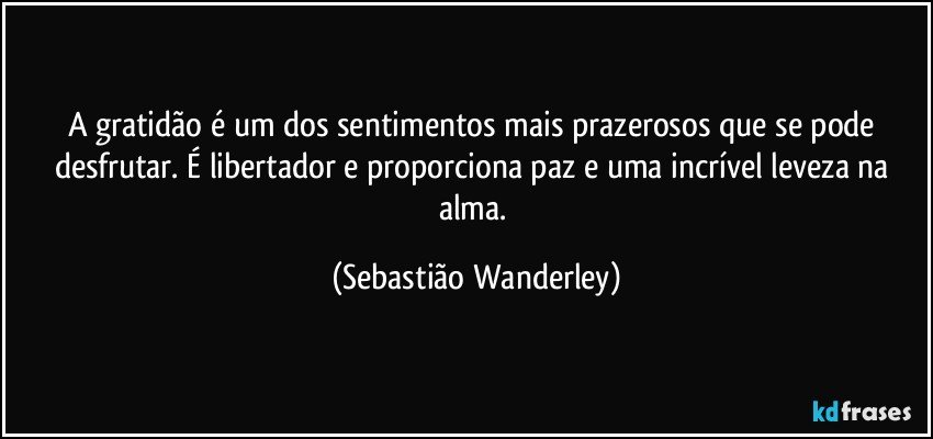 A gratidão é um dos sentimentos mais prazerosos que se pode desfrutar. É libertador e proporciona paz e uma incrível leveza na alma. (Sebastião Wanderley)