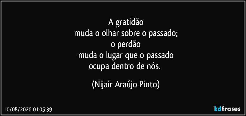 A gratidão
muda o olhar sobre o passado;
o perdão
muda o lugar que o passado
ocupa dentro de nós. (Nijair Araújo Pinto)