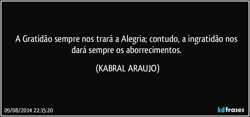 A Gratidão sempre nos trará a Alegria; contudo,  a ingratidão nos dará sempre os aborrecimentos. (KABRAL ARAUJO)