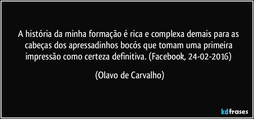 A história da minha formação é rica e complexa demais para as cabeças dos apressadinhos bocós que tomam uma primeira impressão como certeza definitiva. (Facebook, 24-02-2016) (Olavo de Carvalho)