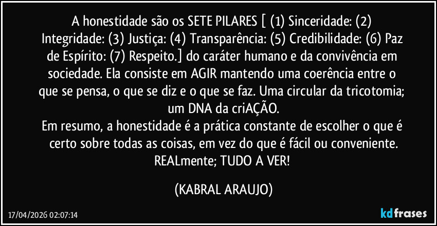 A honestidade são os SETE  PILARES [ (1) Sinceridade: (2) Integridade: (3) Justiça: (4) Transparência: (5) Credibilidade: (6) Paz de Espírito: (7) Respeito.] do caráter humano e da convivência em sociedade. Ela consiste em AGIR mantendo uma coerência entre o que se pensa, o que se diz e o que se faz. Uma circular da tricotomia; um DNA da criAÇÃO.
Em resumo, a honestidade é a prática constante de escolher o que é certo sobre todas as coisas, em vez do que é fácil ou conveniente.
REALmente; TUDO A VER! (KABRAL ARAUJO)