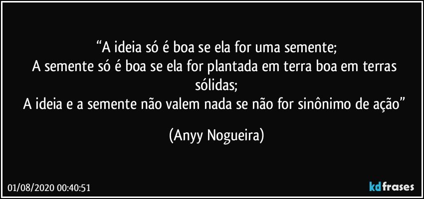 “A ideia só é boa se ela for uma semente;
A semente só é boa se ela  for plantada em terra boa em terras sólidas;
A ideia e a semente não valem nada se não for sinônimo de ação” (Anyy Nogueira)