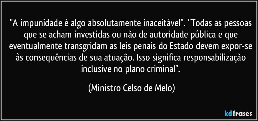 "A impunidade é algo absolutamente inaceitável". "Todas as pessoas que se acham investidas ou não de autoridade pública e que eventualmente transgridam as leis penais do Estado devem expor-se às consequências de sua atuação. Isso significa responsabilização inclusive no plano criminal". (Ministro Celso de Melo)