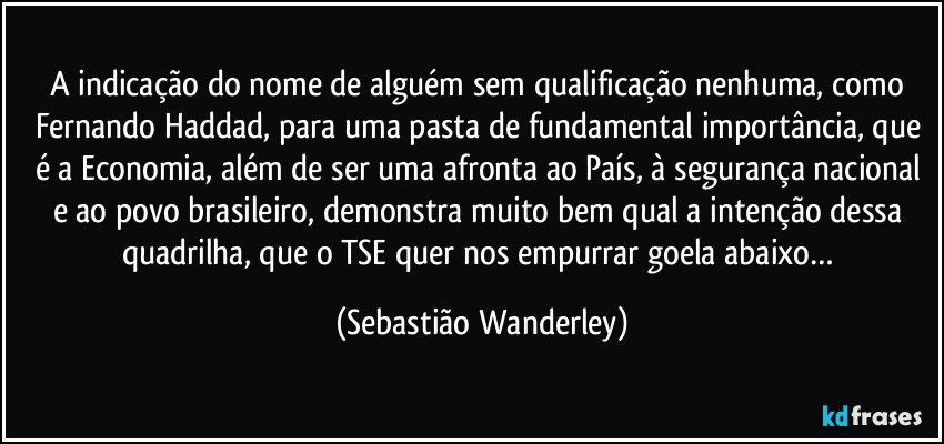 A indicação do nome de alguém sem qualificação nenhuma, como Fernando Haddad, para uma pasta de fundamental importância, que é a Economia, além de ser uma afronta ao País, à segurança nacional e ao povo brasileiro, demonstra muito bem qual a intenção dessa quadrilha, que o TSE quer nos empurrar goela abaixo… (Sebastião Wanderley)