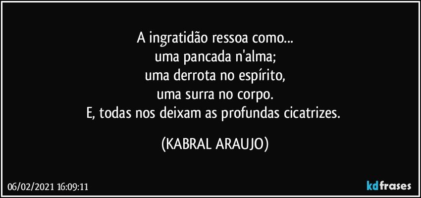 A ingratidão ressoa como...
uma pancada n'alma;
uma derrota no espírito,
uma surra no corpo.
E, todas nos deixam as profundas cicatrizes. (KABRAL ARAUJO)