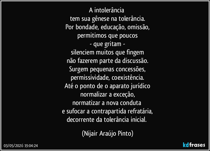 A intolerância 
tem sua gênese na tolerância.
Por bondade, educação, omissão,
permitimos que poucos
- que gritam -
silenciem muitos que fingem
não fazerem parte da discussão.
Surgem pequenas concessões,
permissividade, coexistência.
Até o ponto de o aparato jurídico
normalizar a exceção,
normatizar a nova conduta 
e sufocar a contrapartida refratária,
decorrente da tolerância inicial. (Nijair Araújo Pinto)