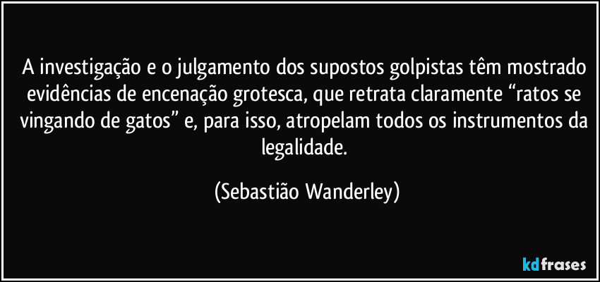 A investigação e o julgamento dos supostos golpistas têm mostrado evidências de encenação grotesca, que retrata claramente “ratos se vingando de gatos” e, para isso, atropelam todos os instrumentos da legalidade. (Sebastião Wanderley)