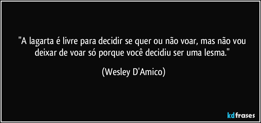 "A lagarta é livre para decidir se quer ou não voar, mas não vou deixar de voar só porque você decidiu ser uma lesma." (Wesley D'Amico)