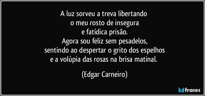 A luz sorveu a treva libertando 
o meu rosto de insegura
e fatídica prisão.
Agora sou feliz sem pesadelos,
sentindo ao despertar o grito dos espelhos
e a volúpia das rosas na brisa matinal. (Edgar Carneiro)