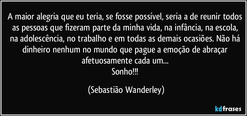 A maior alegria que eu teria, se fosse possível, seria a de reunir todos as pessoas que fizeram parte da minha vida, na infância, na escola, na adolescência, no trabalho e em todas as demais ocasiões. Não há dinheiro nenhum no mundo que pague a emoção de abraçar afetuosamente cada um... 
Sonho!!! (Sebastião Wanderley)