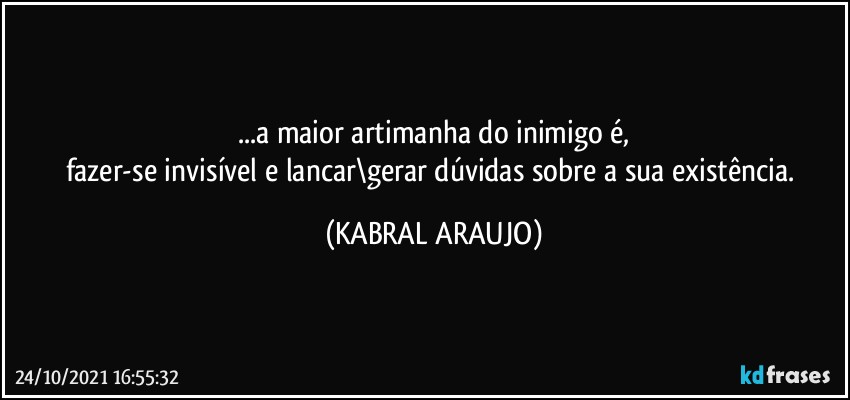 ...a maior artimanha do inimigo é,
fazer-se invisível e lancar\gerar dúvidas sobre a sua existência. (KABRAL ARAUJO)