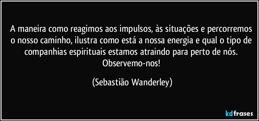 A maneira como reagimos aos impulsos, às situações e percorremos o nosso caminho, ilustra como está a nossa energia e qual o tipo de companhias espirituais estamos atraindo para perto de nós. Observemo-nos! (Sebastião Wanderley)