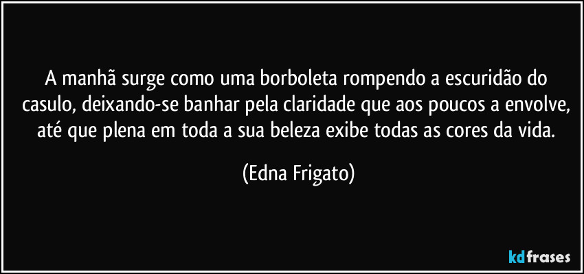 A manhã surge como uma borboleta rompendo a escuridão do casulo, deixando-se banhar pela claridade que aos poucos a envolve, até que plena em toda a sua beleza exibe todas as cores da vida. (Edna Frigato)