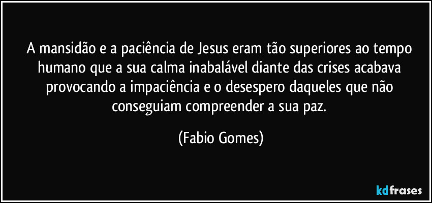 A mansidão e a paciência de Jesus eram tão superiores ao tempo humano que a sua calma inabalável diante das crises acabava provocando a impaciência e o desespero daqueles que não conseguiam compreender a sua paz. (Fabio Gomes)
