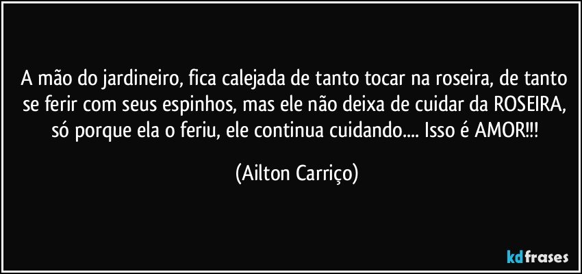 A mão do jardineiro, fica calejada de tanto tocar na roseira, de tanto se ferir com seus espinhos, mas ele não deixa de cuidar da ROSEIRA, só porque ela o feriu, ele continua cuidando... Isso é AMOR!!! (Ailton Carriço)