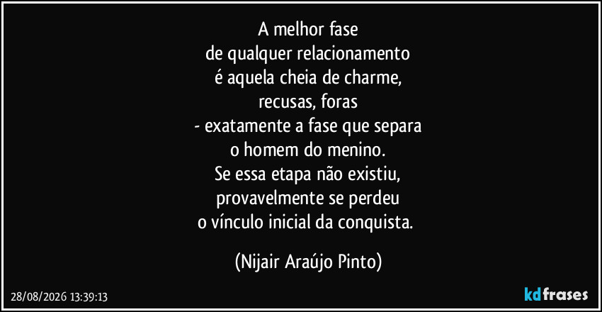 A melhor fase
de qualquer relacionamento
é aquela cheia de charme,
recusas, foras
- exatamente a fase que separa
o homem do menino.
Se essa etapa não existiu,
provavelmente se perdeu
o vínculo inicial da conquista. (Nijair Araújo Pinto)