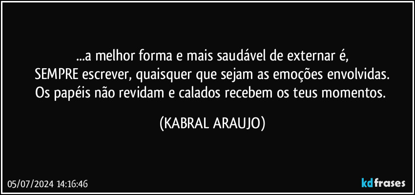 ...a melhor forma e mais saudável de externar é,
SEMPRE escrever, quaisquer que sejam as emoções envolvidas.
Os papéis não revidam e calados recebem os teus momentos. (KABRAL ARAUJO)