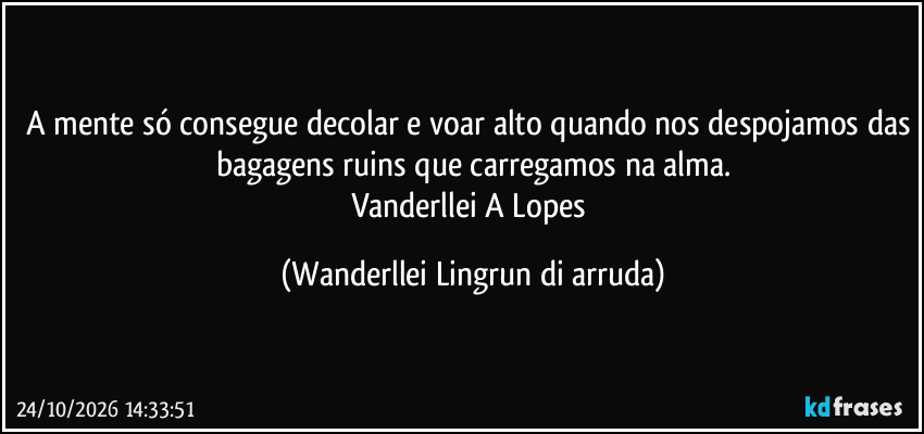 A mente só consegue decolar e voar alto quando nos despojamos das bagagens ruins que carregamos na alma.
Vanderllei A Lopes (Wanderllei Lingrun di arruda)