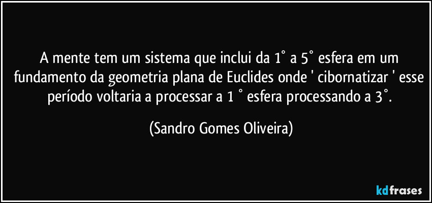 A mente tem um sistema que inclui da 1° a 5° esfera em um fundamento da geometria plana de Euclides onde ' cibornatizar ' esse período voltaria a processar a 1 ° esfera processando a 3°. (Sandro Gomes Oliveira)