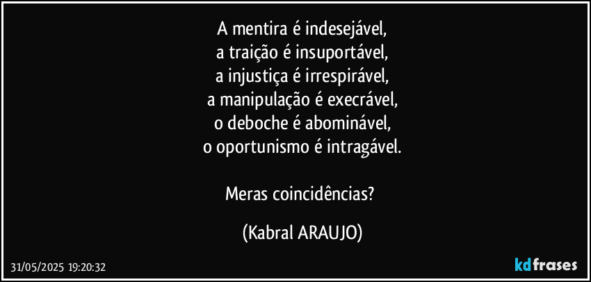 A mentira é indesejável,
a traição é insuportável,
a injustiça é irrespirável,
a manipulação é execrável,
o deboche é abominável,
o oportunismo é intragável.

Meras coincidências? (KABRAL ARAUJO)